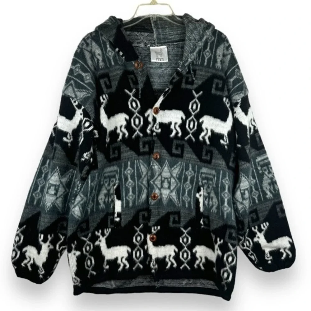 100% Wool Cardigan Sweater Size Large Hooded Aztec Moose Chunky Made in Ecquador